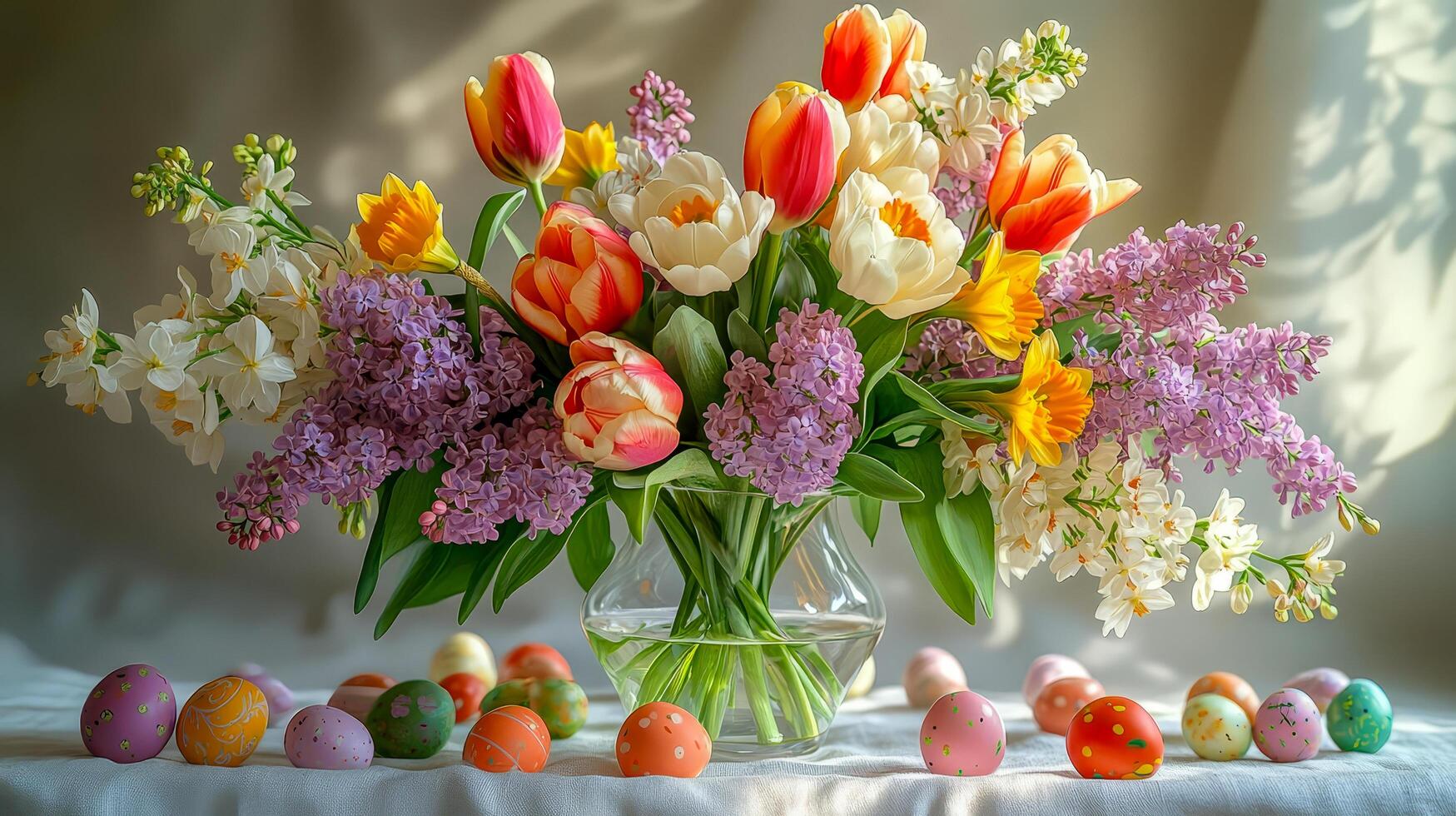 Flower arrangement of tulips, daffodils and lilacs in a transparent glass vase photo