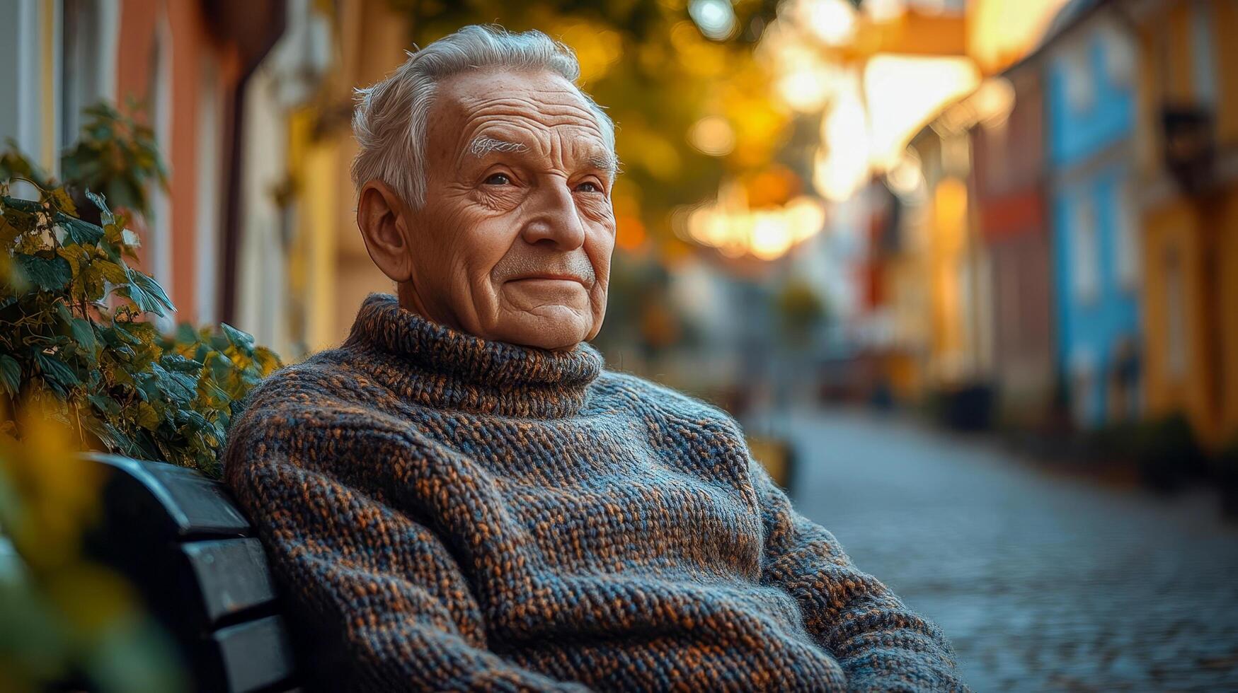 An elderly man in a wool sweater sits on a bench photo