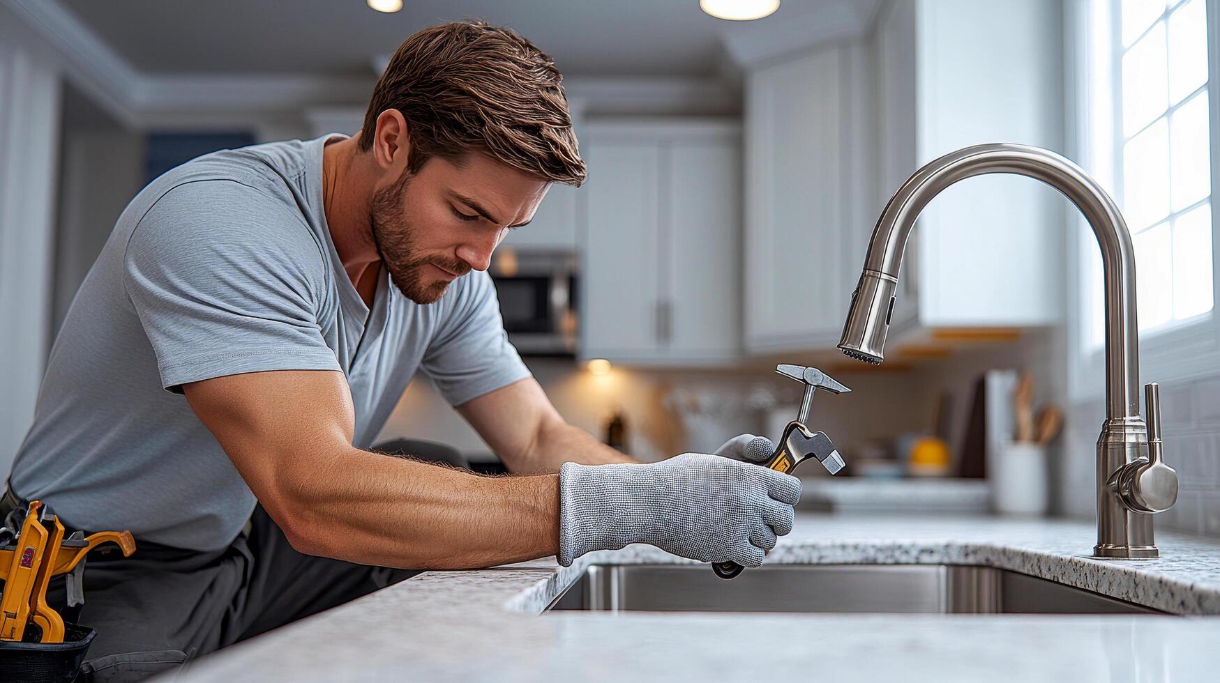 A plumber with tools fixes a faucet in the kitchen photo
