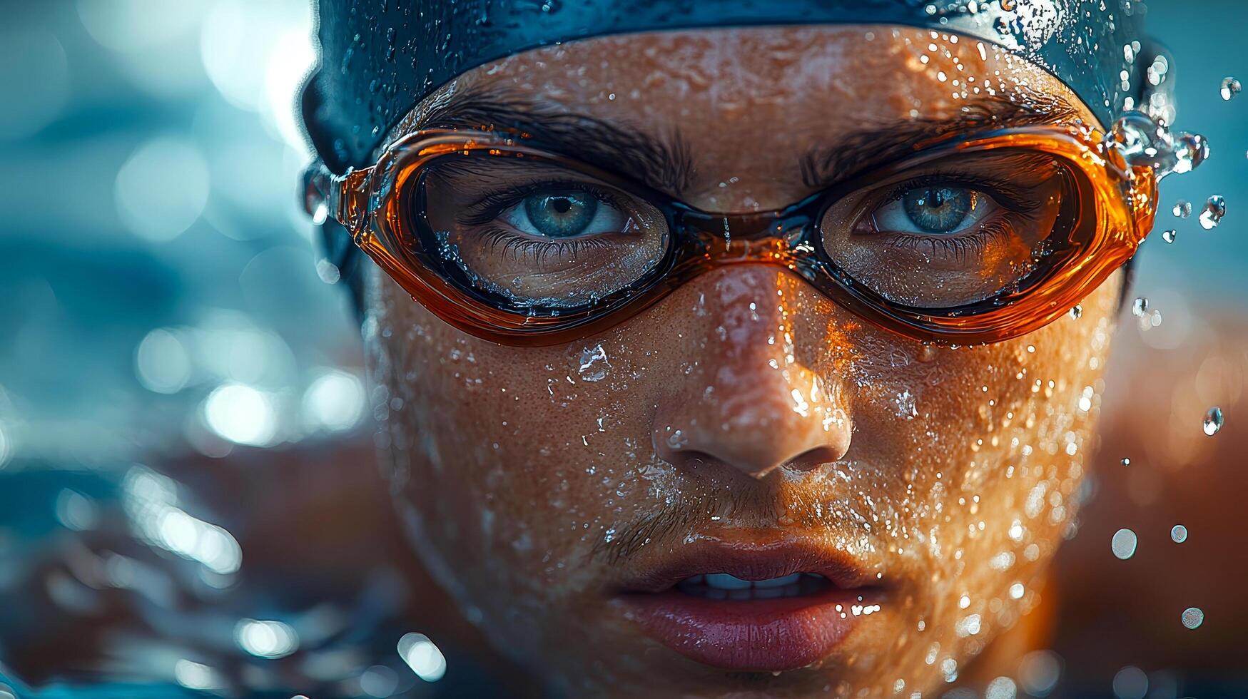 Close-up of a professional swimmer's face coming out of the water photo