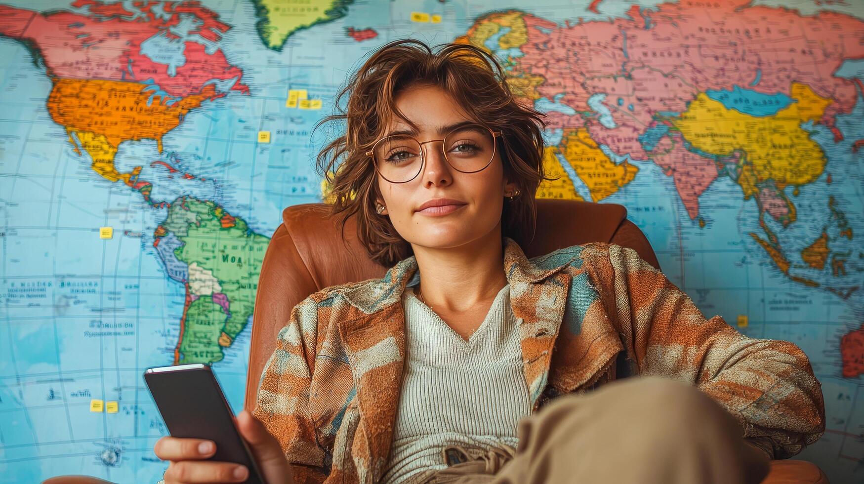 Travel agent with a smartphone in hand, dressed in casual clothes photo