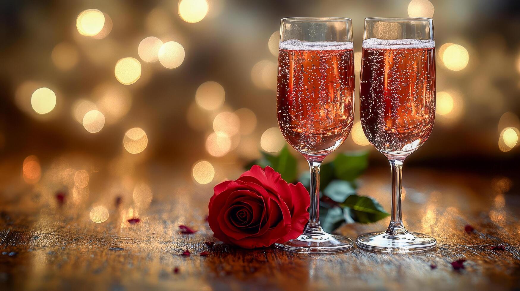 Two elegant wine glasses filled with sparkling pink champagne photo