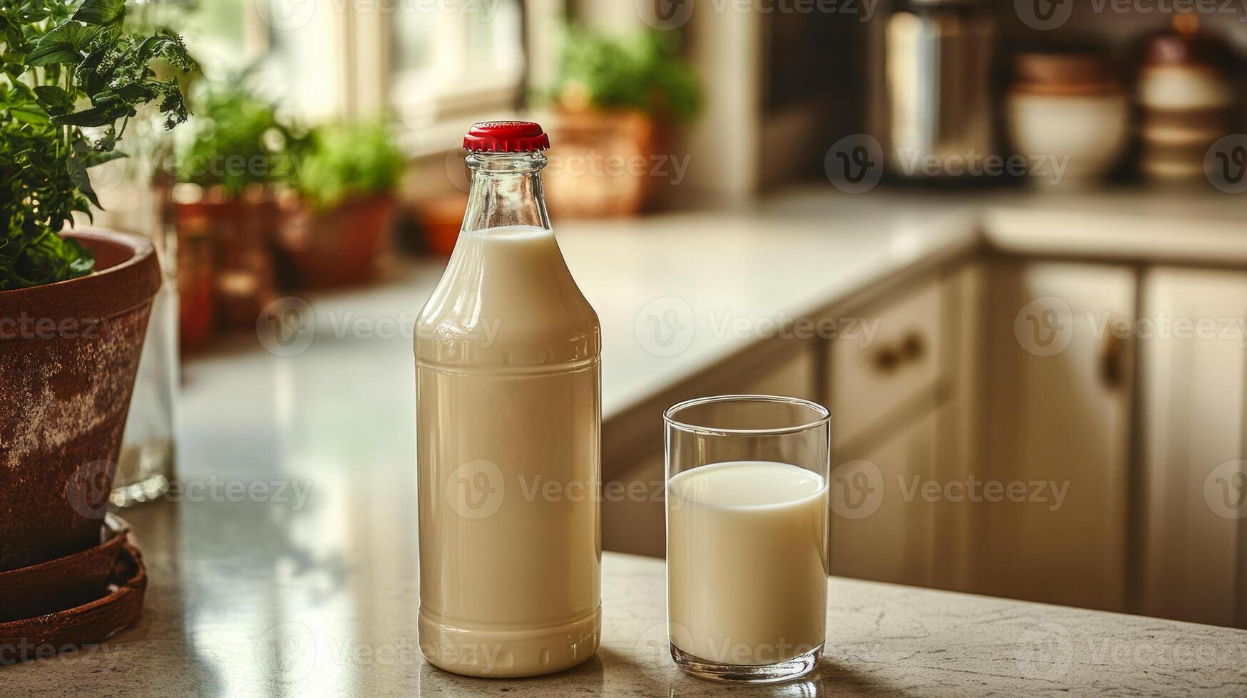 A milk bottle with a lid sits on the kitchen countertop next to a glass of milk photo