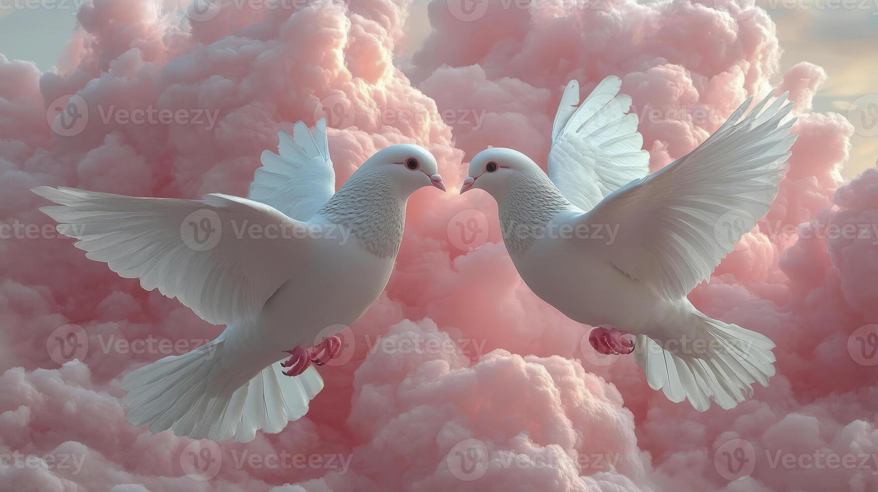 Two white doves in flight with soft pink clouds in the background photo