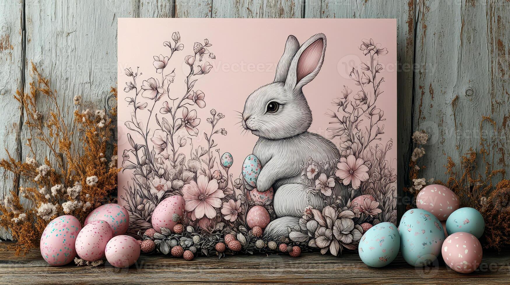 Easter card with a drawing of a rabbit surrounded by flowers and Easter eggs photo