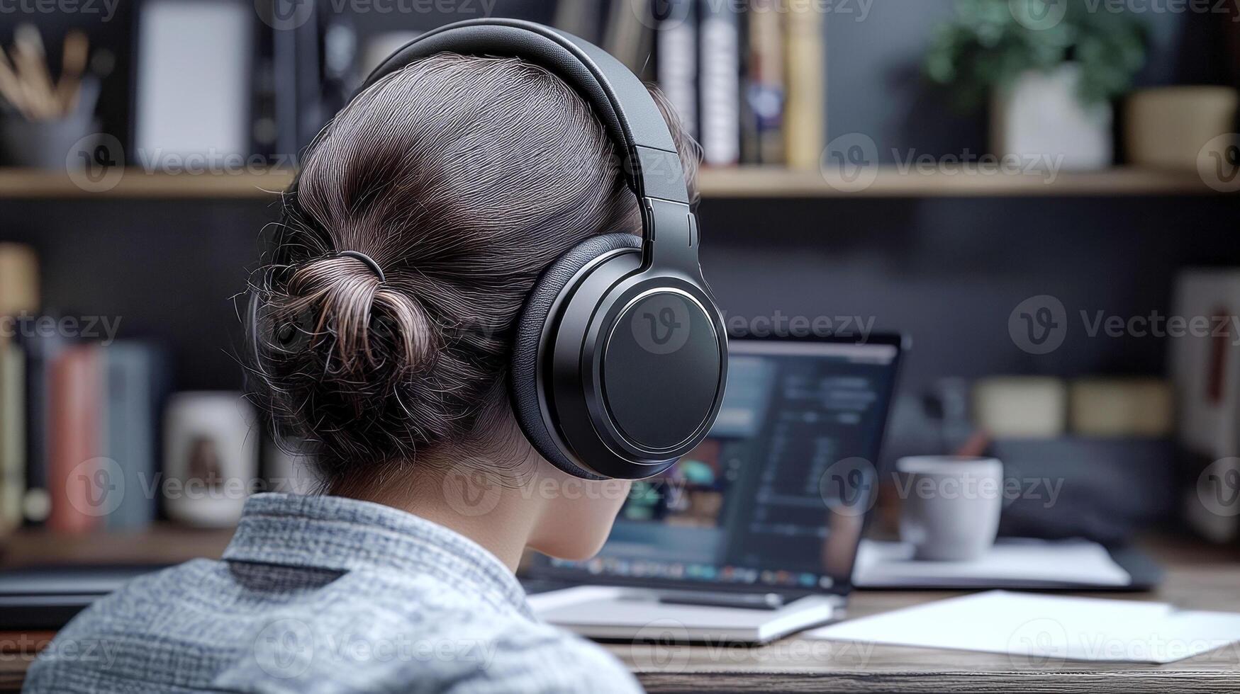 A human wearing large wireless headphones while working on a laptop computer photo