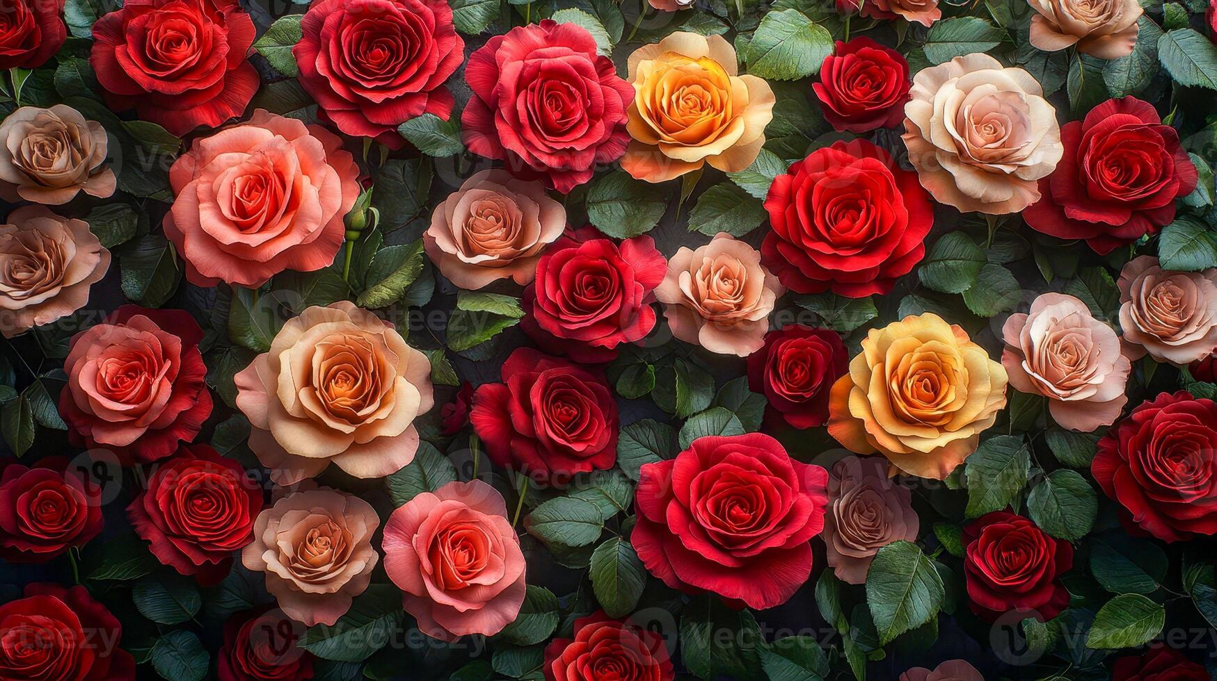 A wall completely covered with blooming roses of different sizes and colors photo