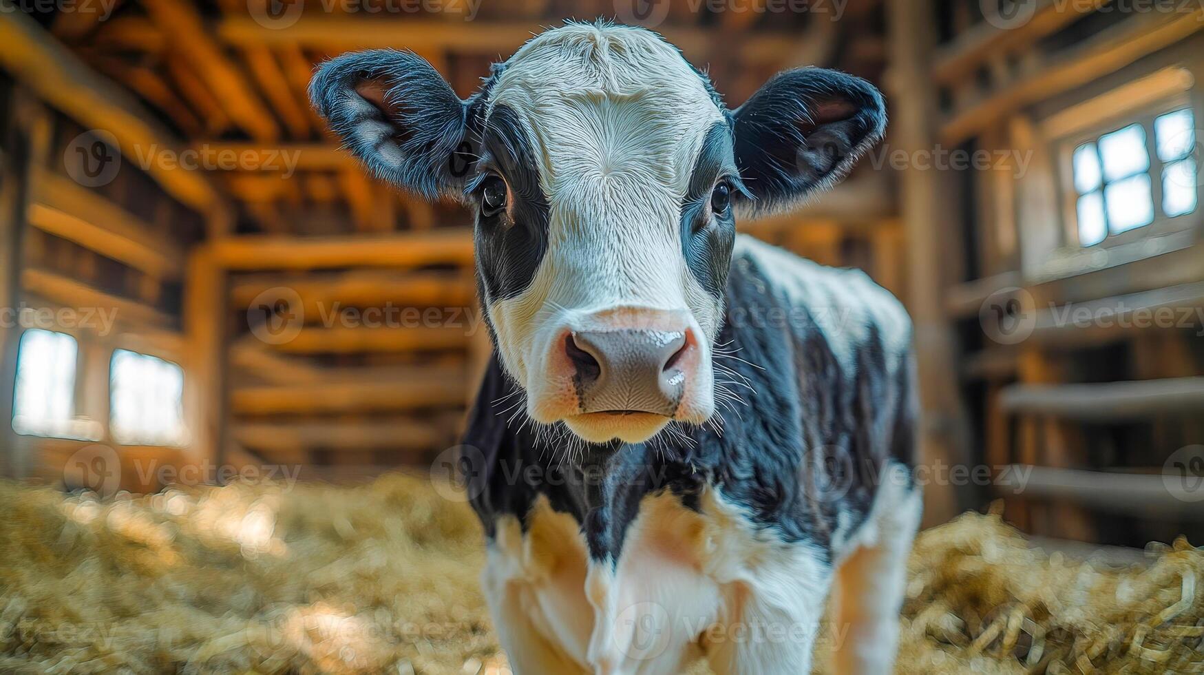 A black and white dairy cow stands in a barn in a rural farmhouse photo