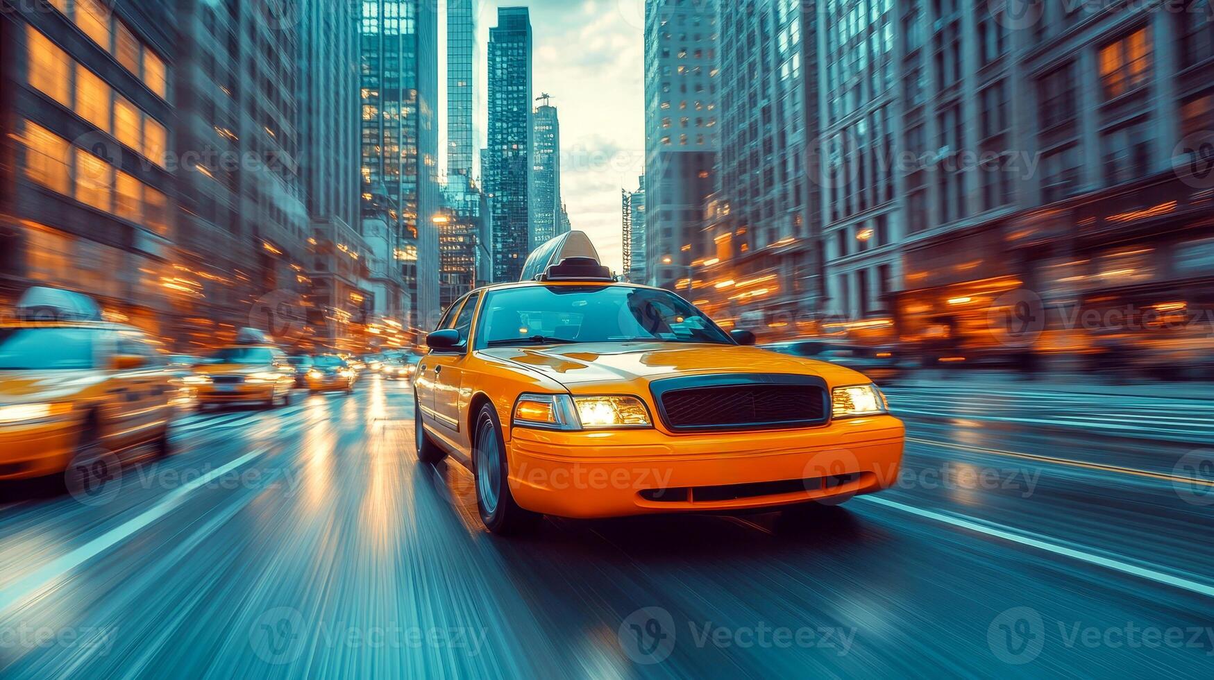 A yellow cab rushes through the streets of the metropolis at sunrise photo
