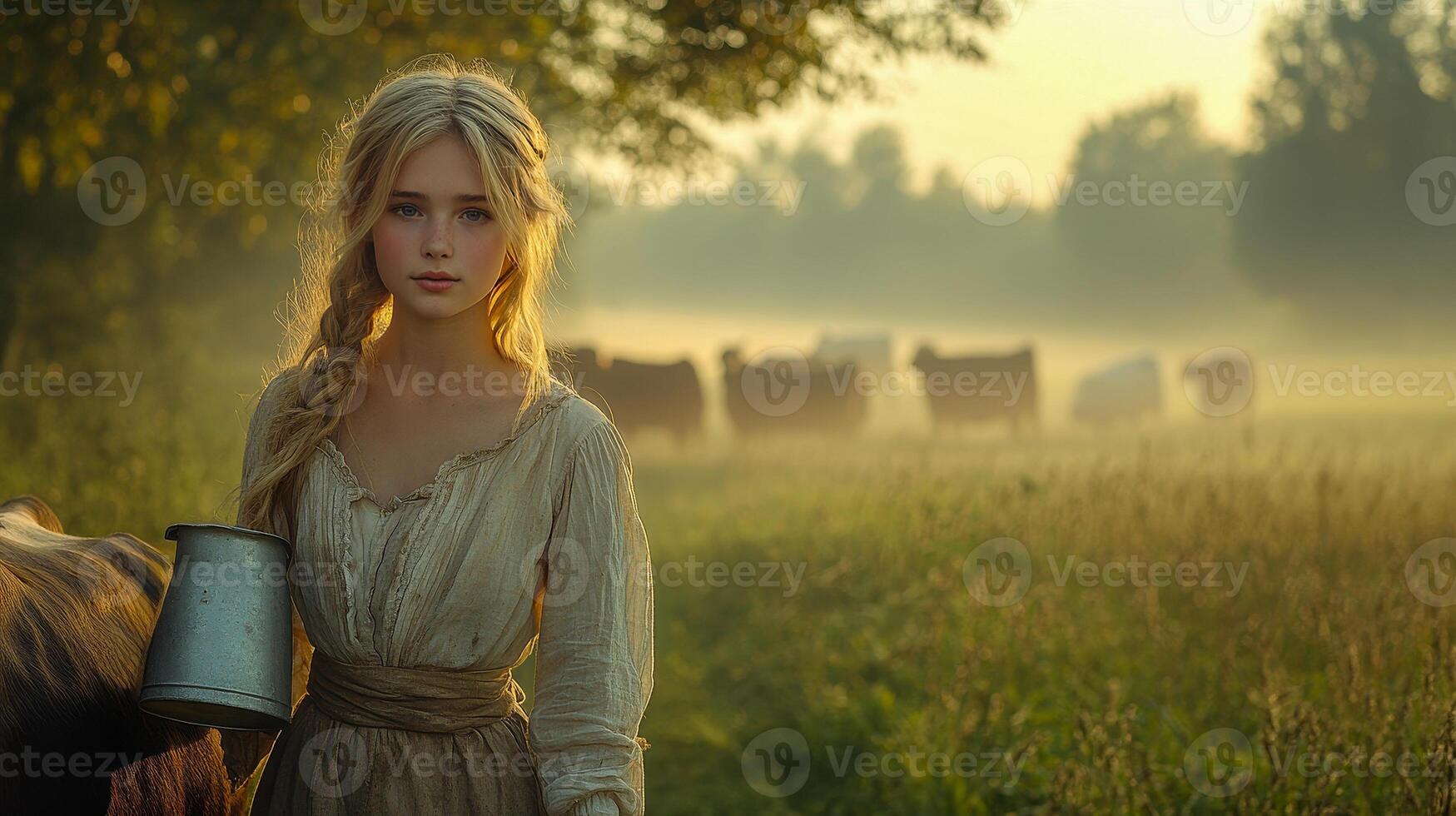 A young milkmaid leads a cow into the barn at dawn, carrying a full bucket of milk in one hand photo