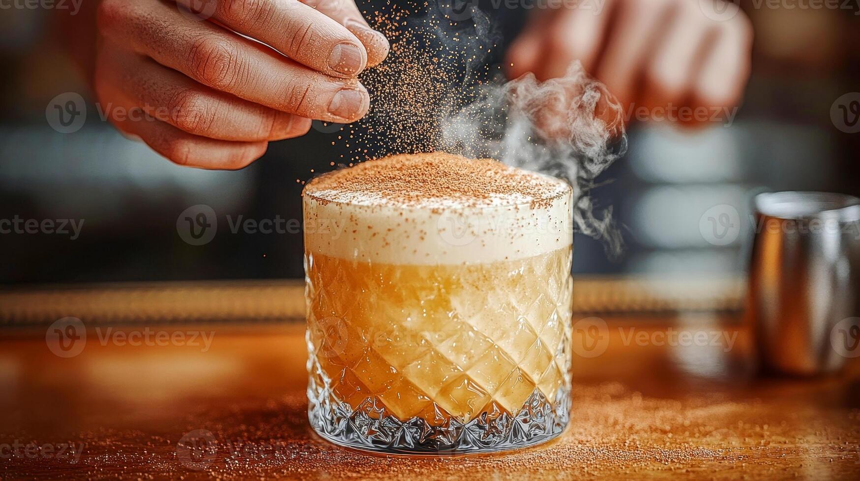 The bartender sprinkles finely ground cinnamon on the cocktail photo