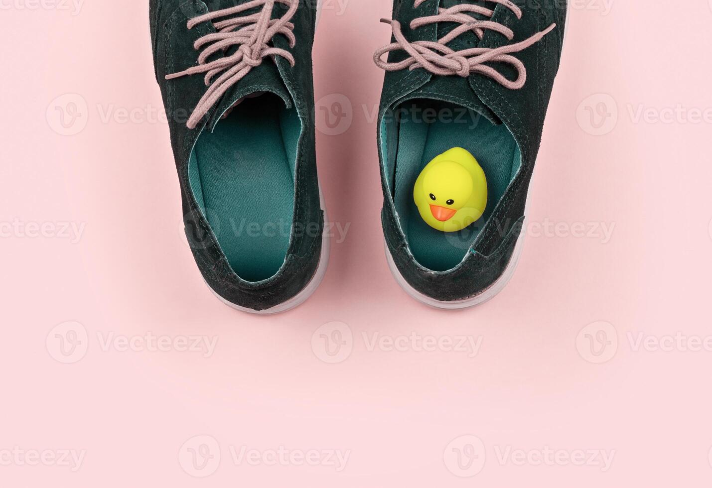 Abstract pastel color Mens shoes with yellow duck on pink background photo