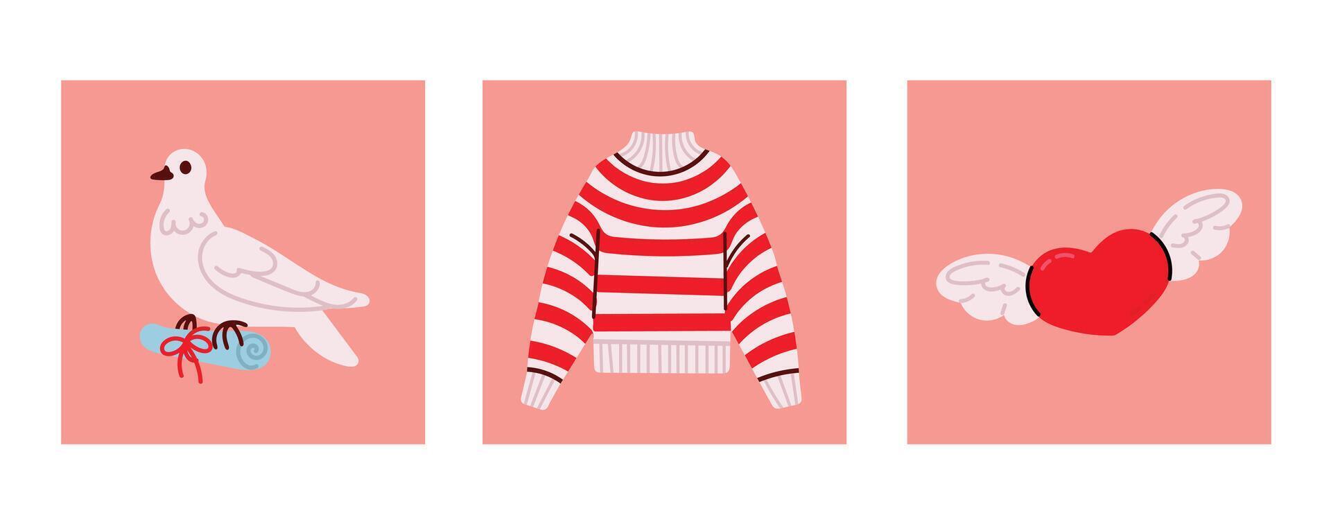 Cute Valentines day greeting cards with dove, sweater and heart vector