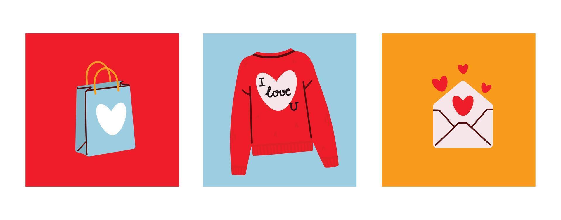 Romantic set with a shopping bag with a heart, a cozy red sweater with I love you, and an envelope with hearts vector
