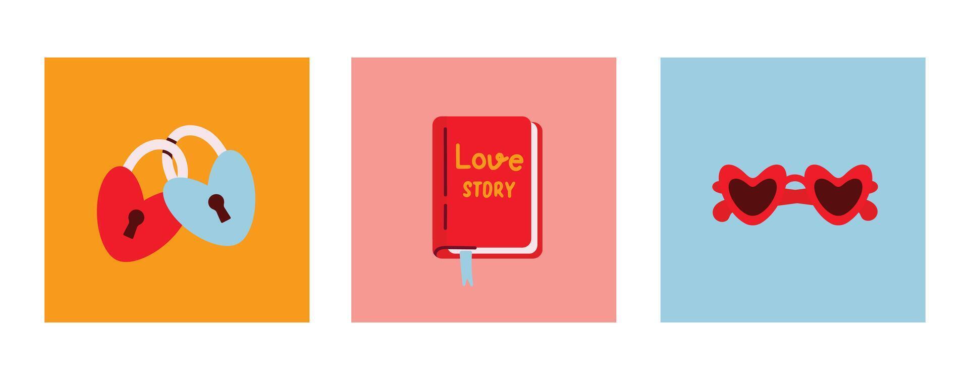 Valentines day element set with heart-shaped padlocks, a Love Story book, and red heart-shaped sunglasses vector
