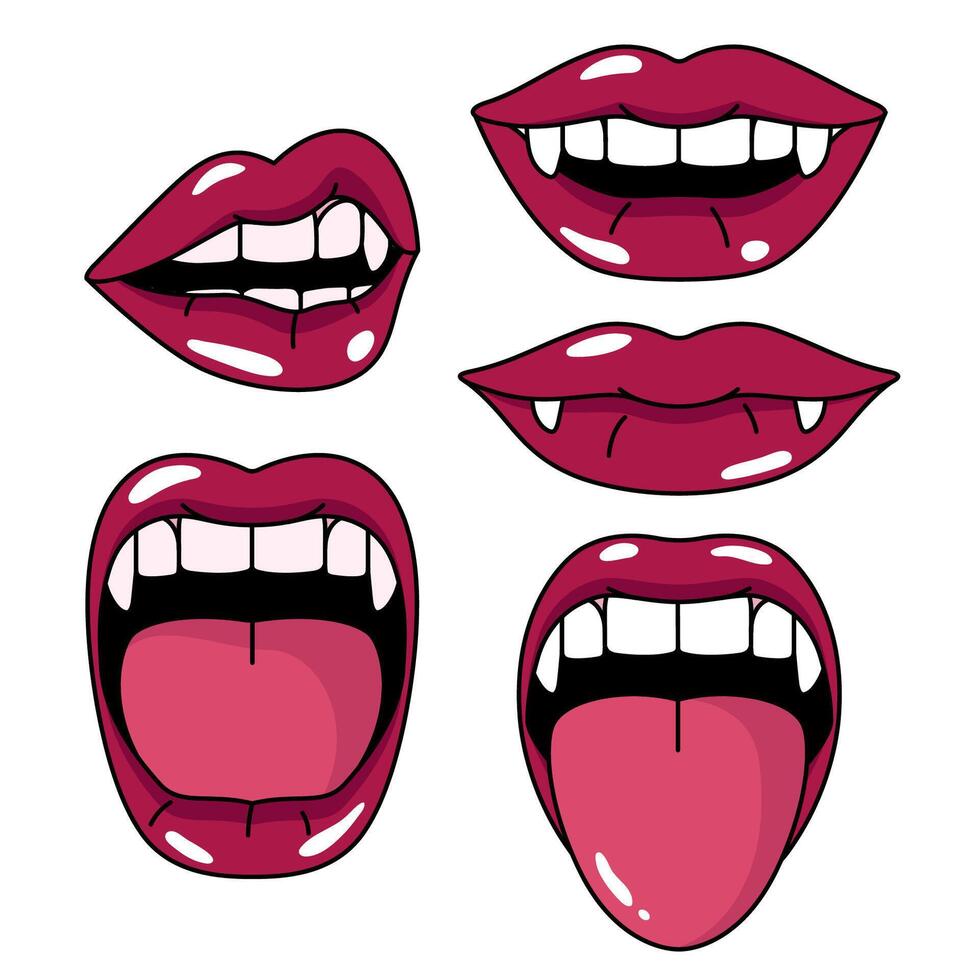 Vampire lips, mouth, teeth simple drawings. Set of cartoon style illustrations vector