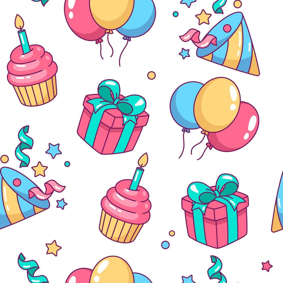 Birthday party accessories, objects seamless pattern, background. Comic cartoon style kawaii illustrations, drawings vector