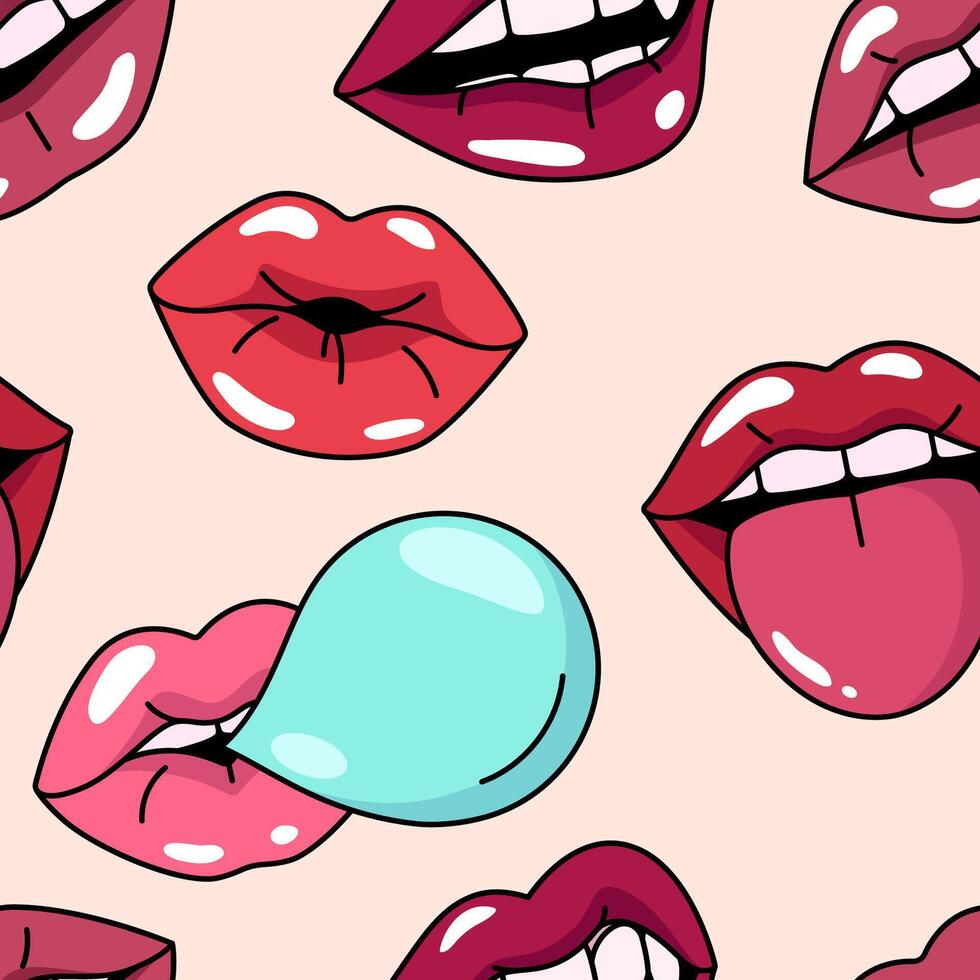 Woman lips, mouth, teeth seamless pattern, background.Cartoon style simple illustrations vector