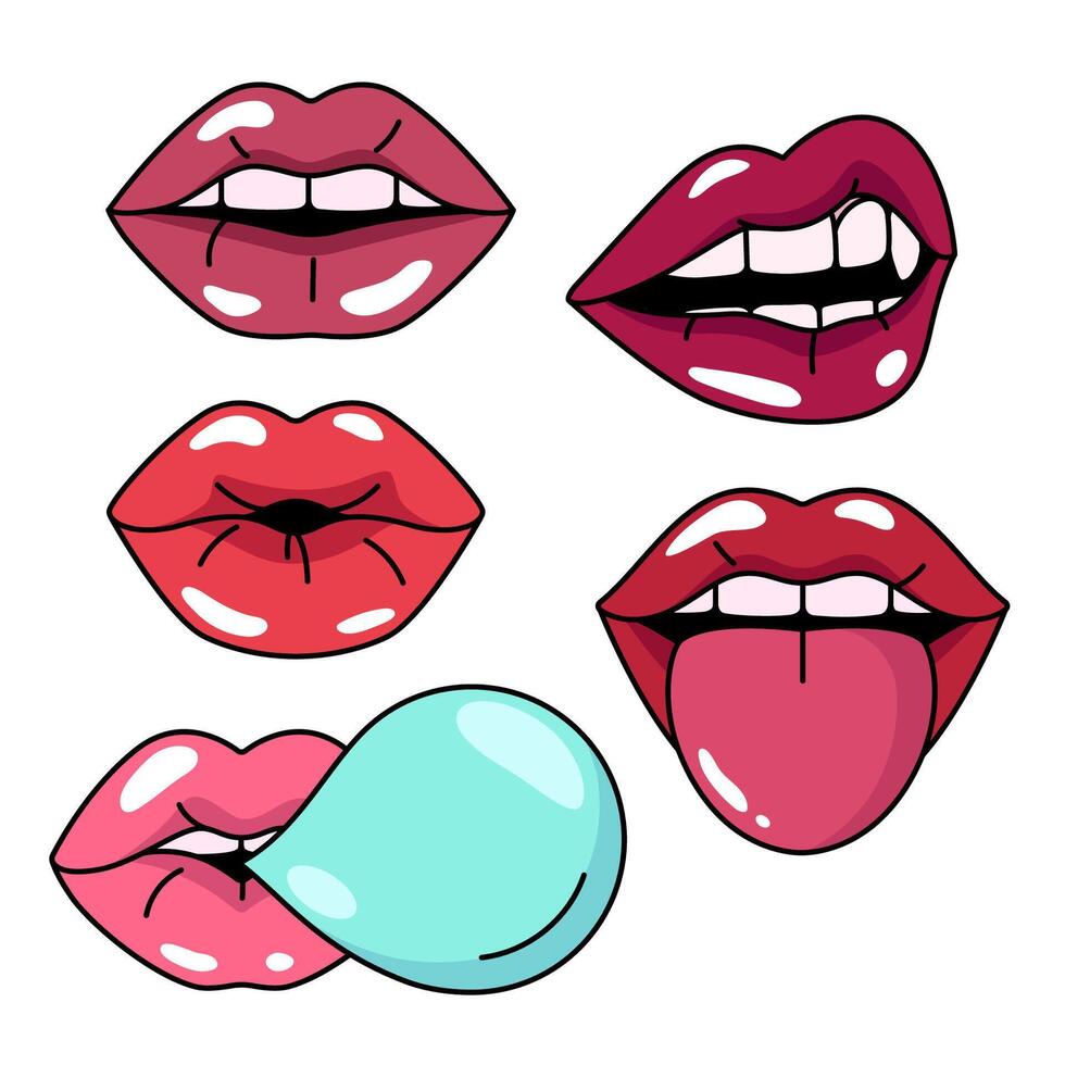 Woman lips, mouth, teeth simple drawings. Set of cartoon style illustrations vector