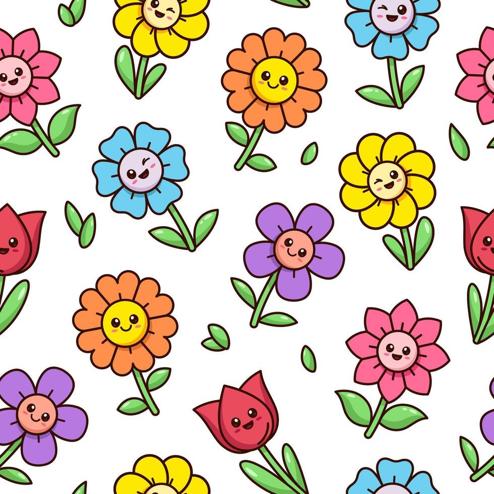 Cute simple kawaii smiling flowers seamless pattern, background. Kids cartoon style illustrations vector