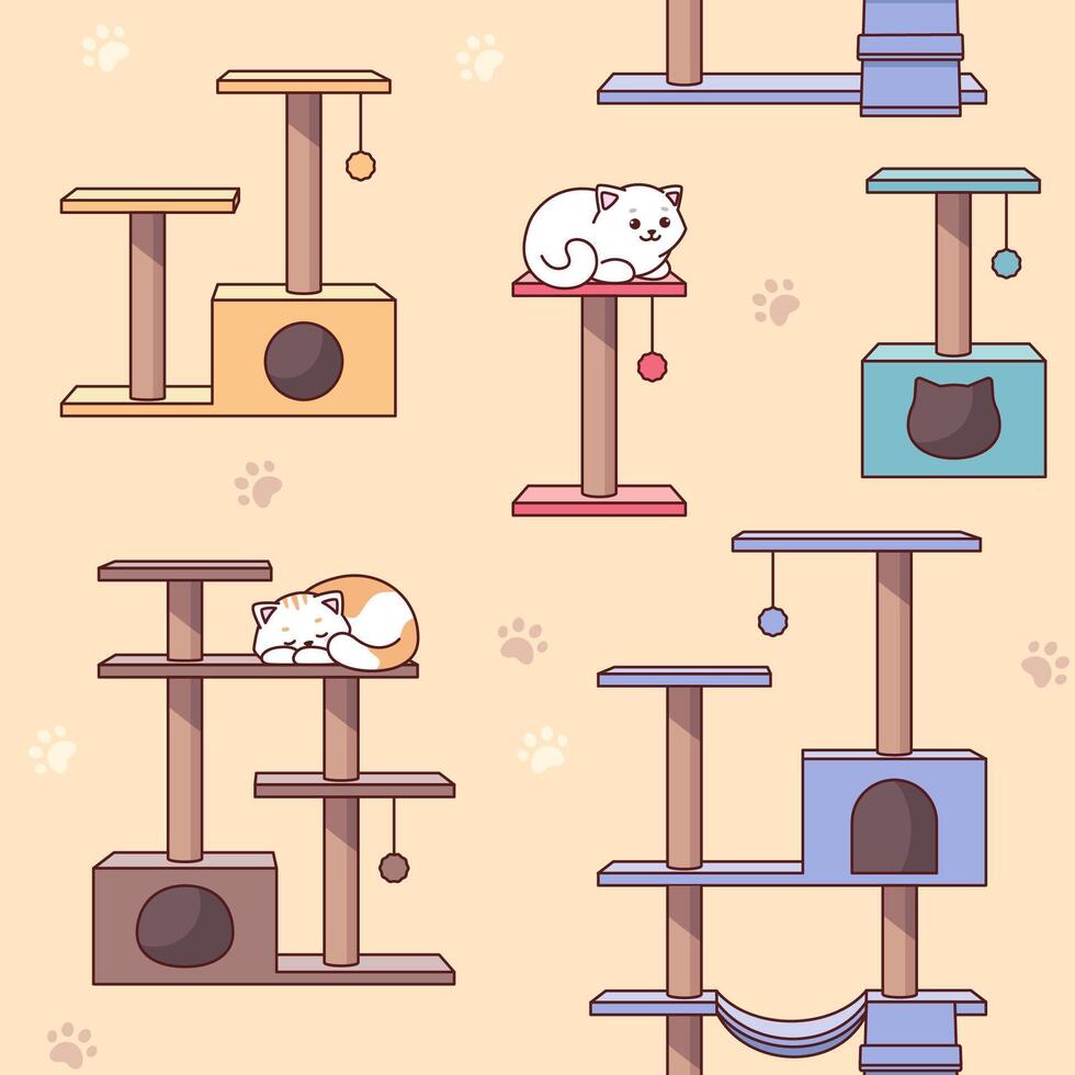 Cat trees, cat houses seamless pattern, background. Cute comic, cartoon illustrations vector