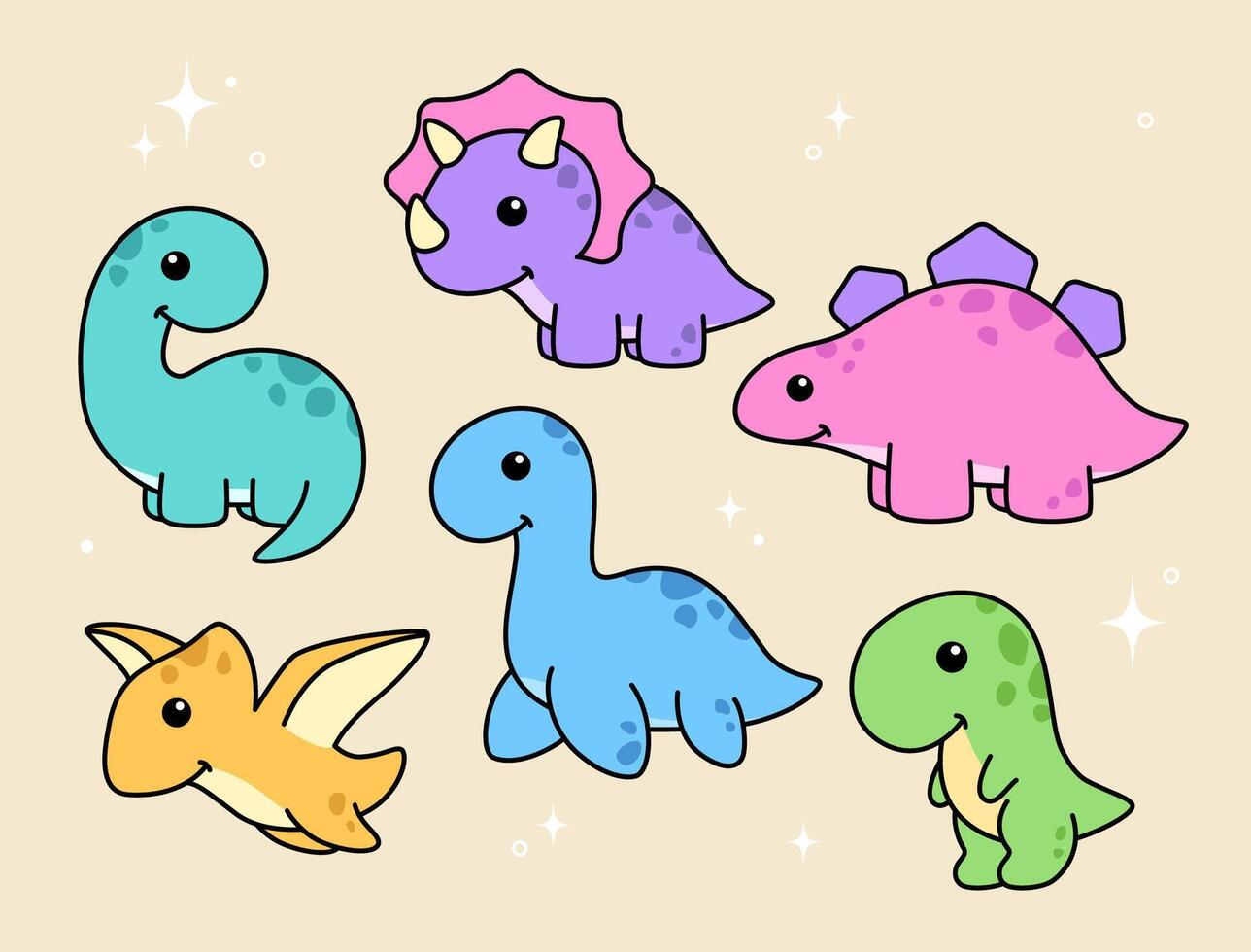 Cute cartoon style kawaii dinos, dinosaurs characters, set of kids illustration vector