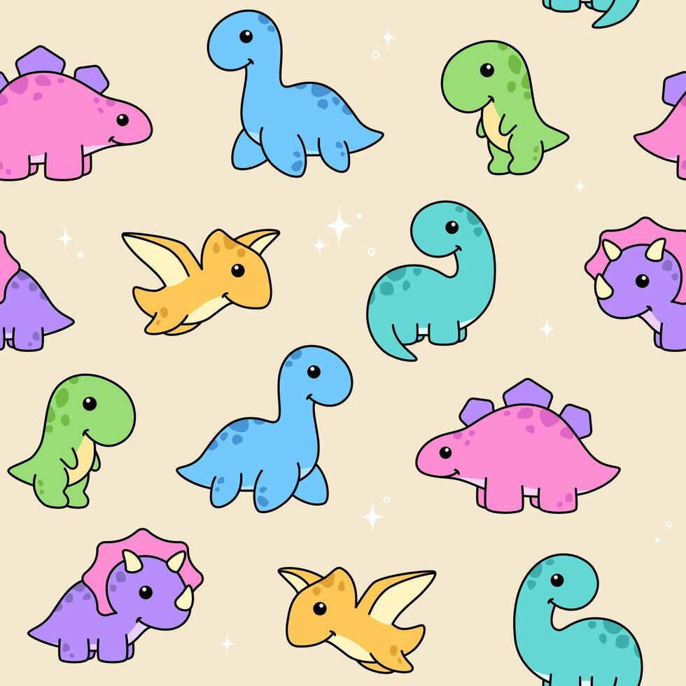 Cute cartoon style kawaii dinos seamless pattern, background. Dinosaurs characters, kids illustration vector
