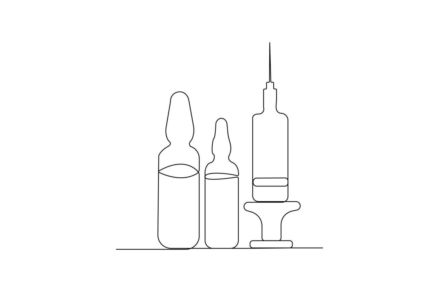 Medical ampules with syringe line art drawing. Medical concept background. vector