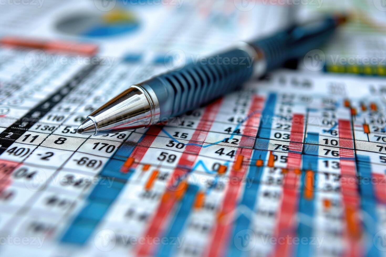 Pen Resting on a Detailed Financial Chart with Red and Blue Lines photo