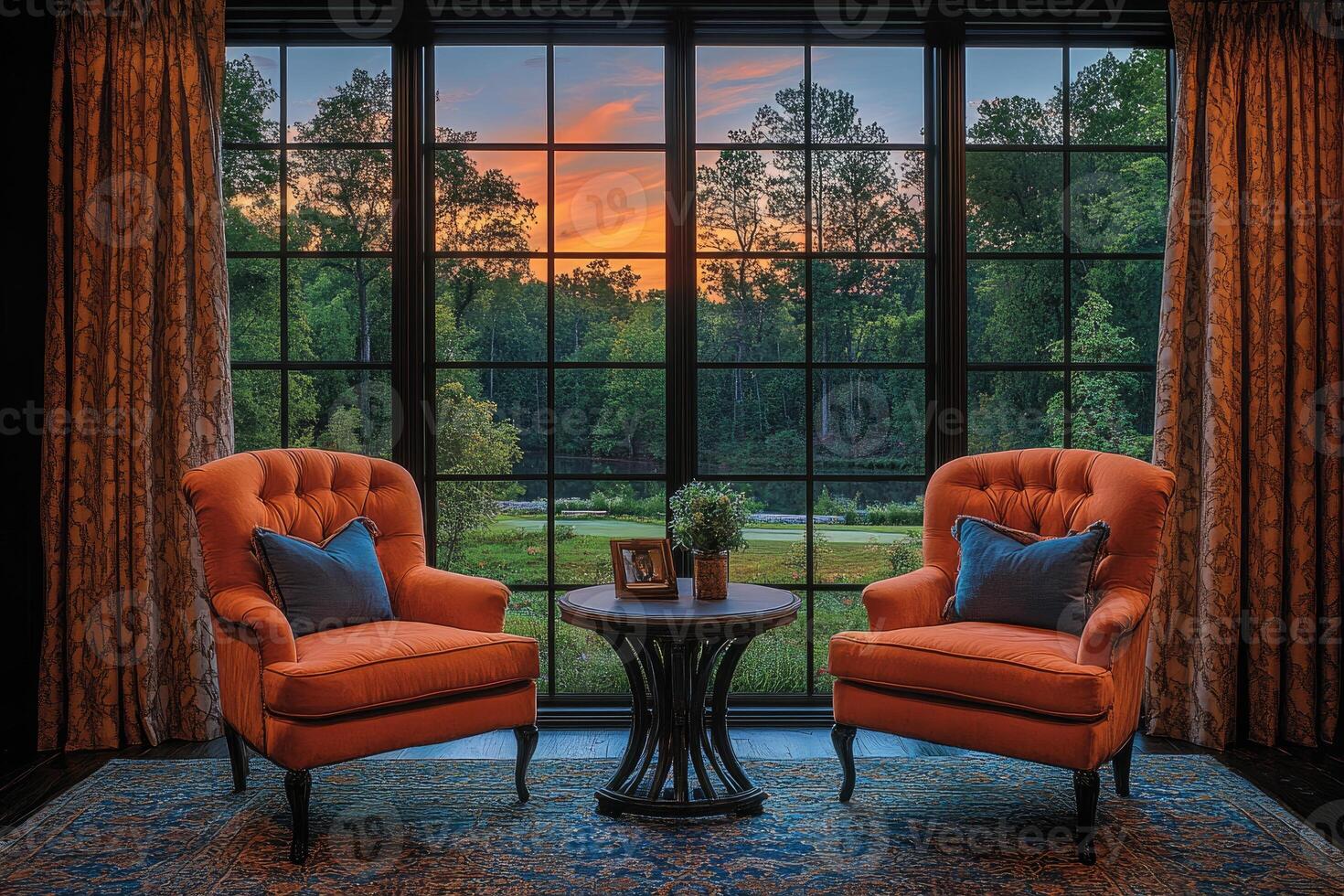 Two Orange Armchairs Facing Each Other in Front of a Large Window with a View of an Orange Sunset photo
