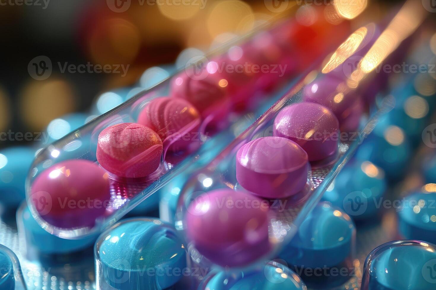Close-up of Pink and Blue Pills in a Blister Pack photo