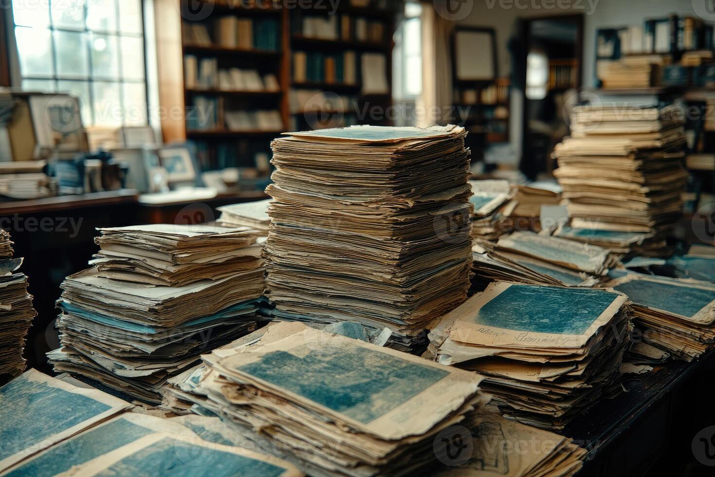 Stacks of Old Papers and Books in a Room with Bookshelves photo