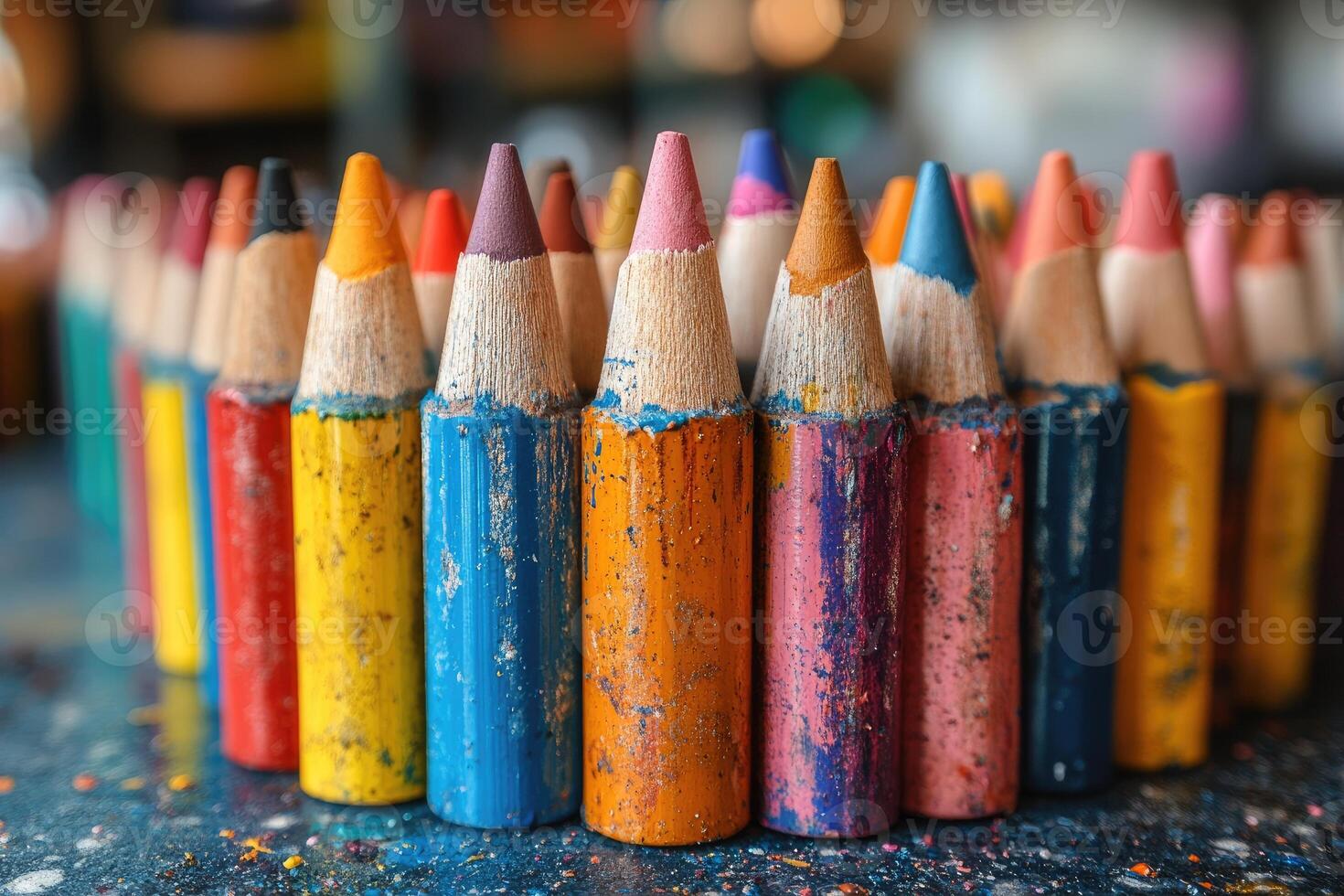 A Close-up of a Row of Well-Used Colored Pencils photo