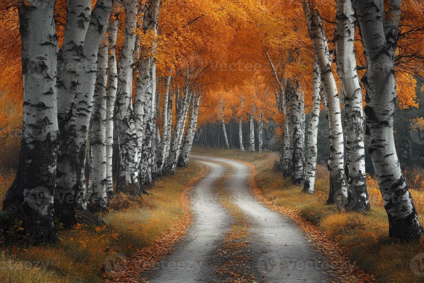 Winding Path Through a Birch Tree Forest in Autumn photo