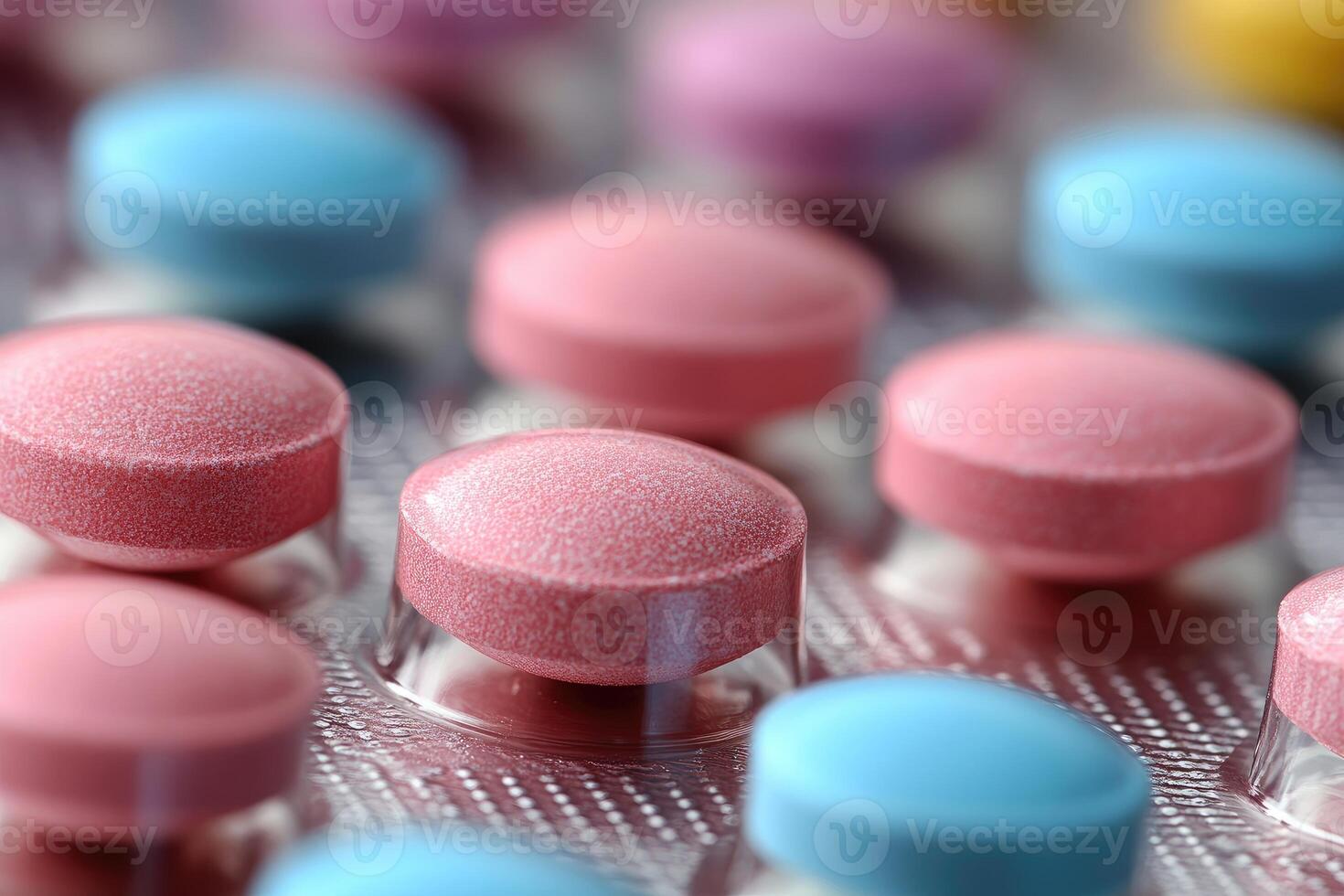 Close-up of Pink and Blue Pills in Blister Pack photo