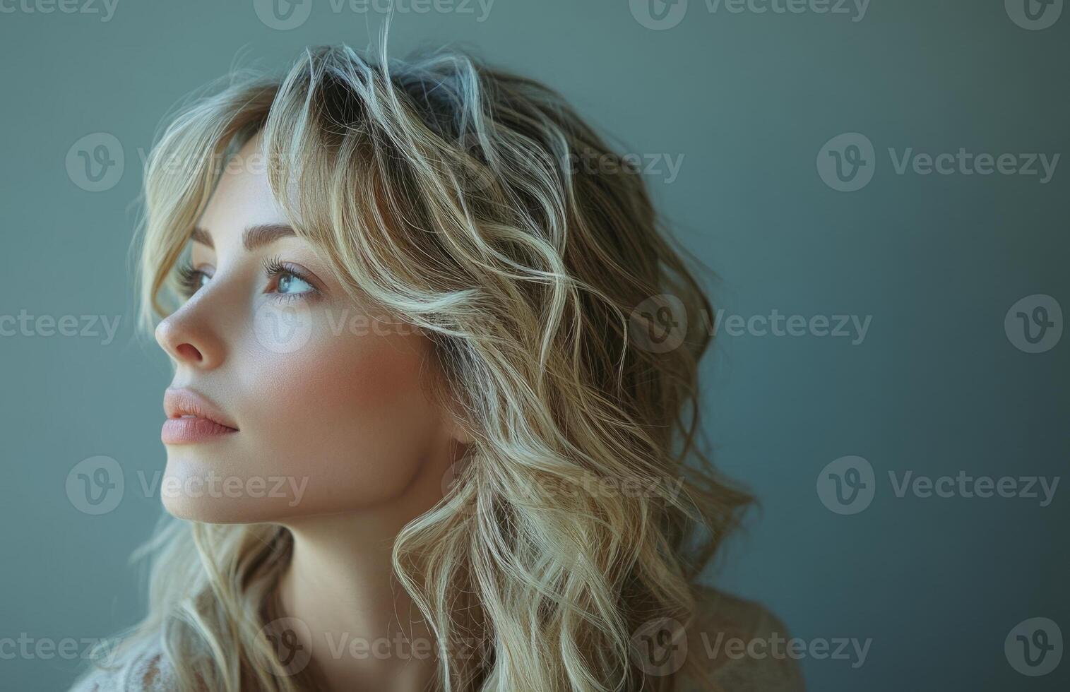 A beautiful blonde woman with long wavy hair photo
