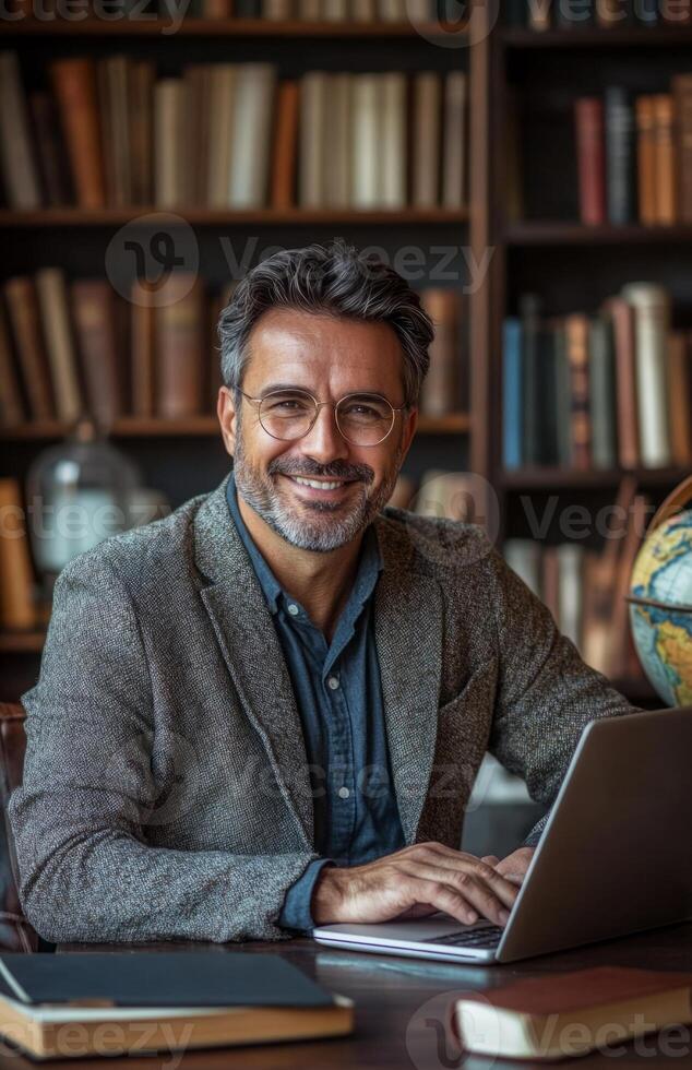 A man in a suit sitting at a desk with a laptop photo