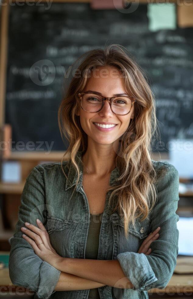A smiling female teacher in front of a blackboard photo
