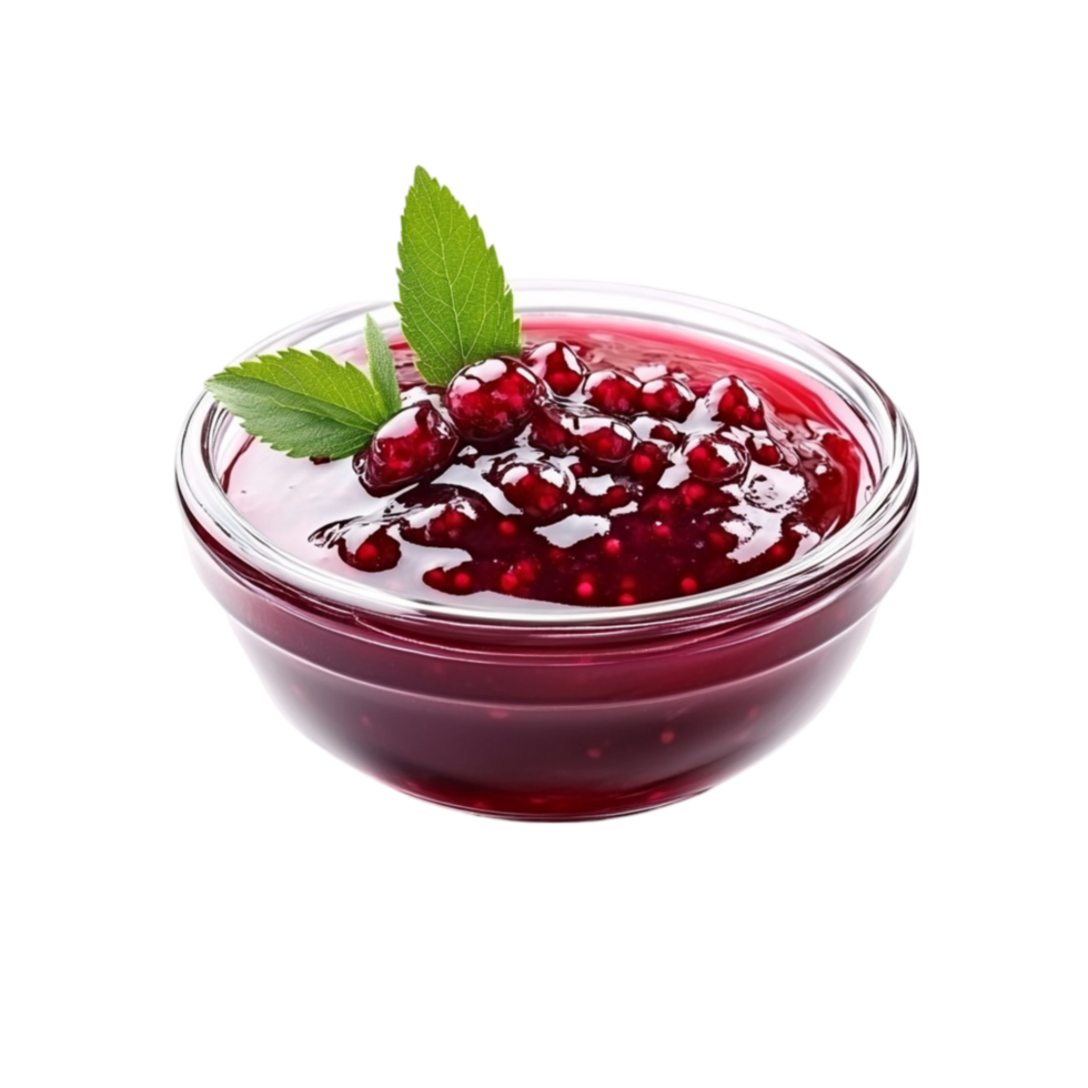 A bowl of pomegranate jam with a leaf on top png