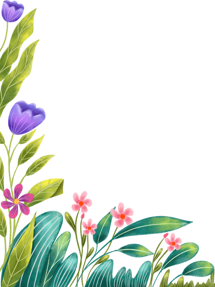 Floral frame of green leaves with purple and pink flower meadow with negative space for greeting card or wedding invitation background. png