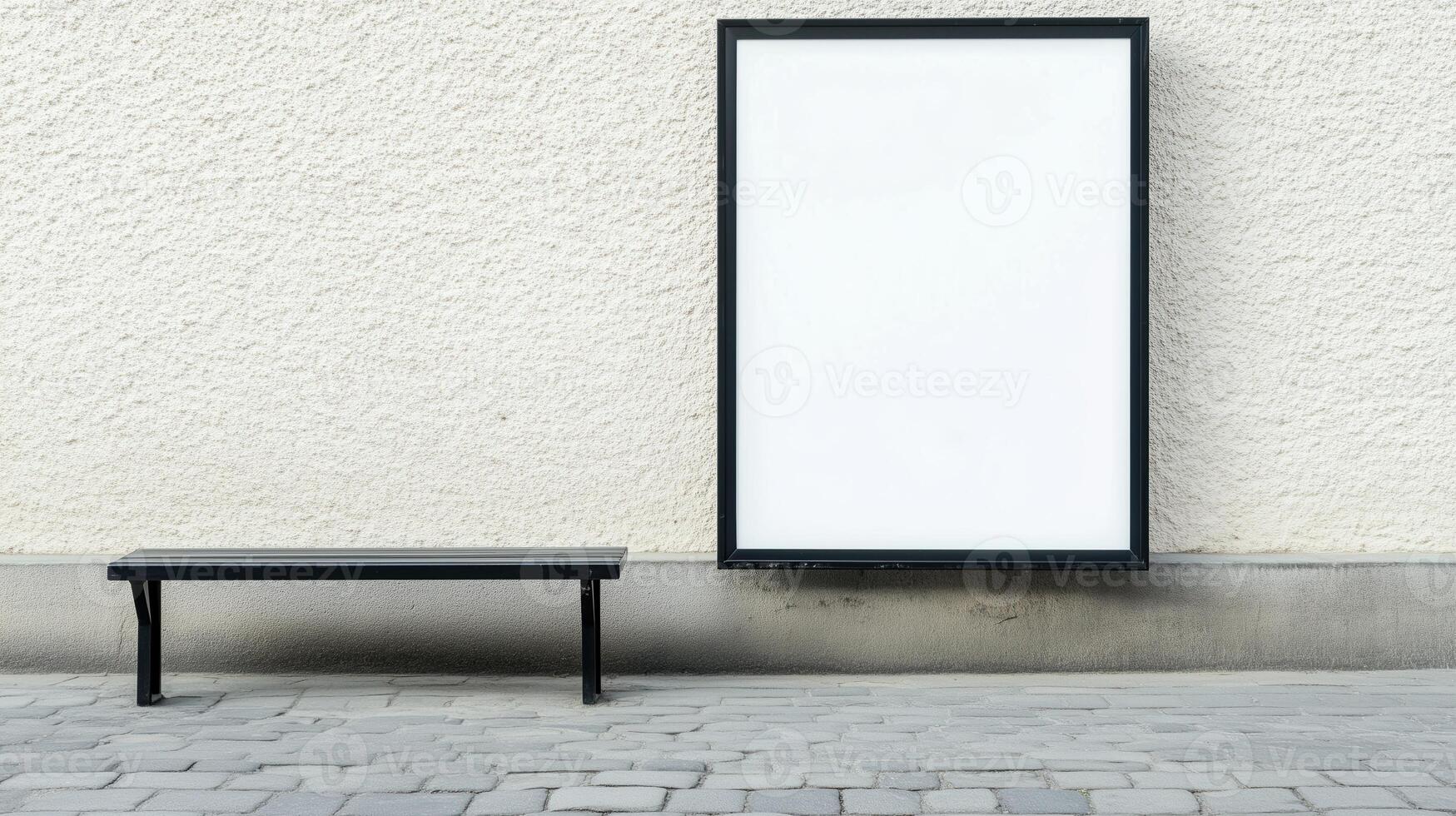 Blank Advertising Banner and Benches at Bus Stop with Textured Wall Background Urban Setting photo