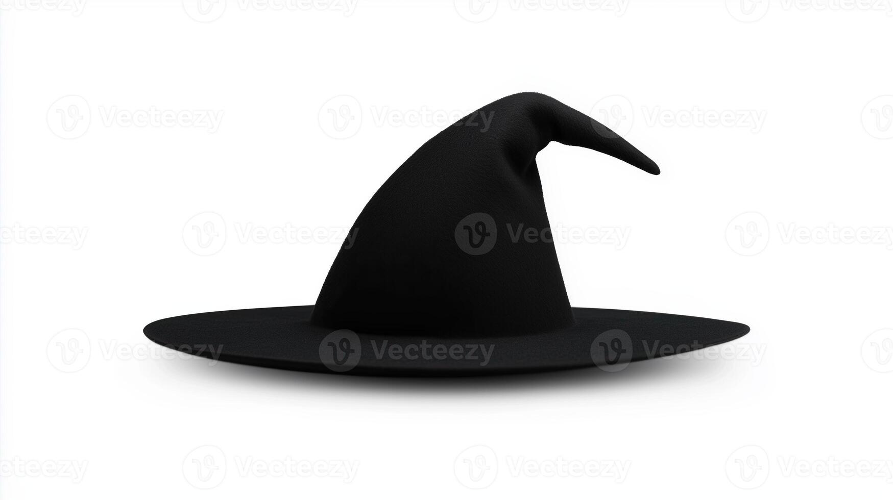 Black Witch Hat Isolated on White Background for Halloween and Spooky Themes, Ideal for Seasonal Promotions and Design Elements in Holiday-Inspired Projects photo