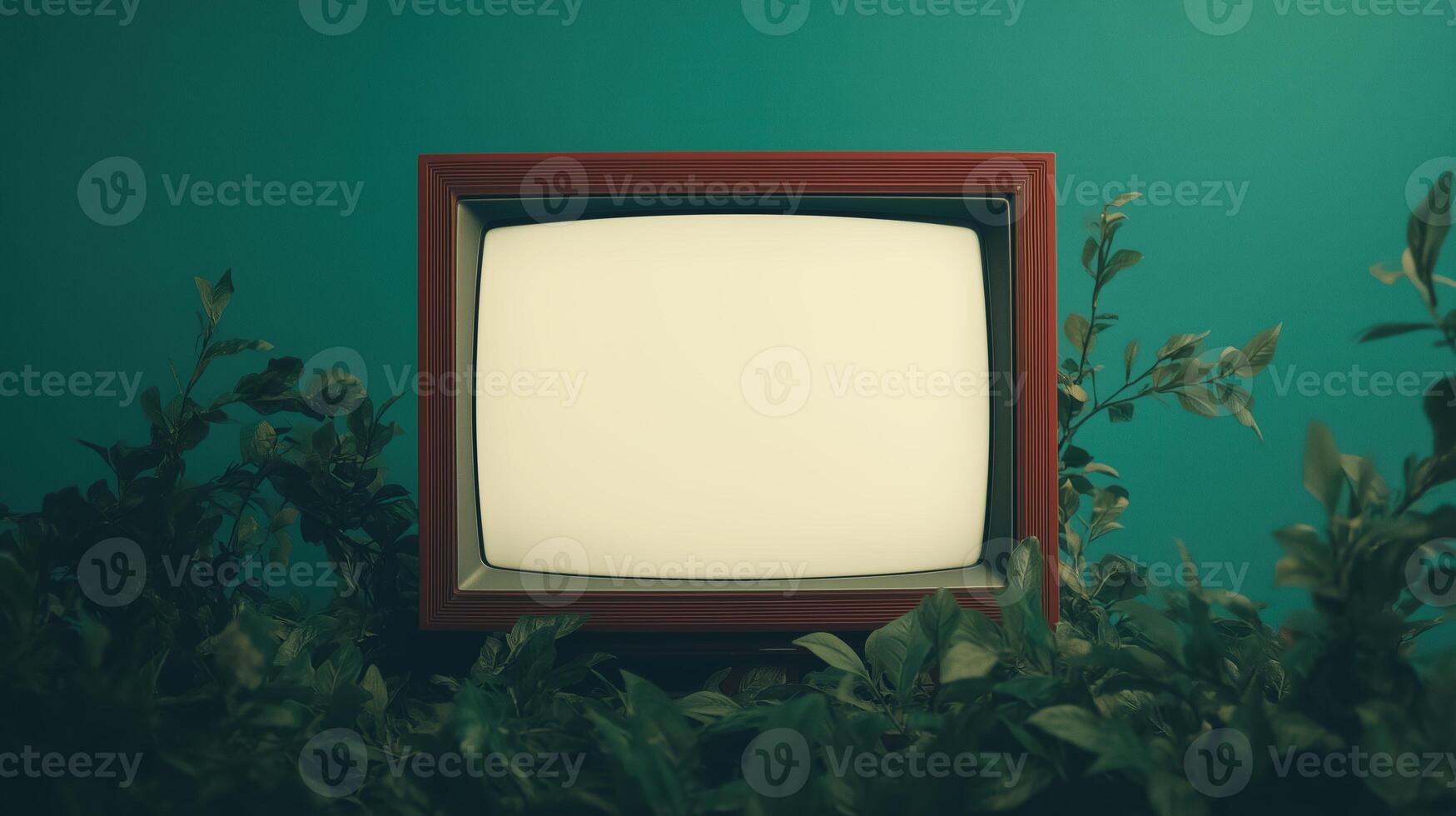 Retro TV in Lush Greenery with Bright Static Screen on Turquoise Background for Vintage Aesthetic Design Inspired by Nostalgic Technology and Nature Harmony photo