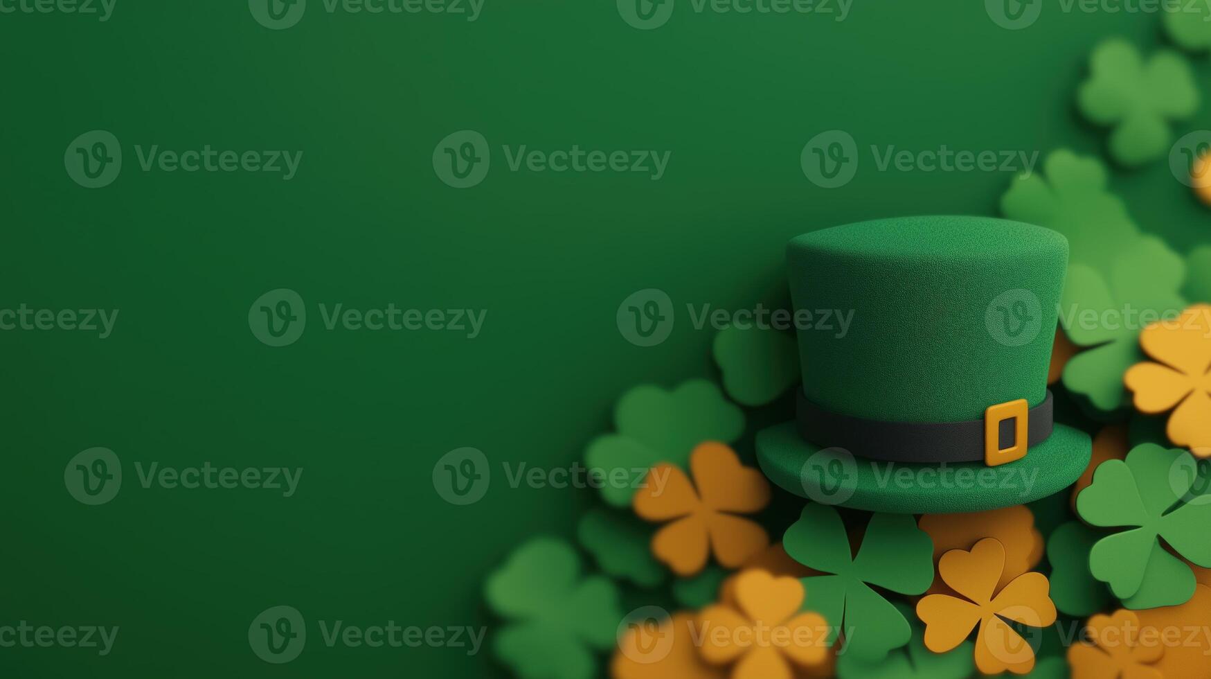 St. Patricks Day Leprechaun Hat on Green Background with Gold Shamrocks for Festive Decoration and Holiday Celebration photo