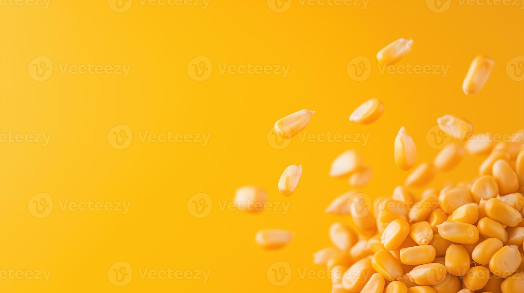 Floating Corn Kernels on Yellow Background Depicting Nutritious Spring Harvest in Vibrant Minimalist Concept photo