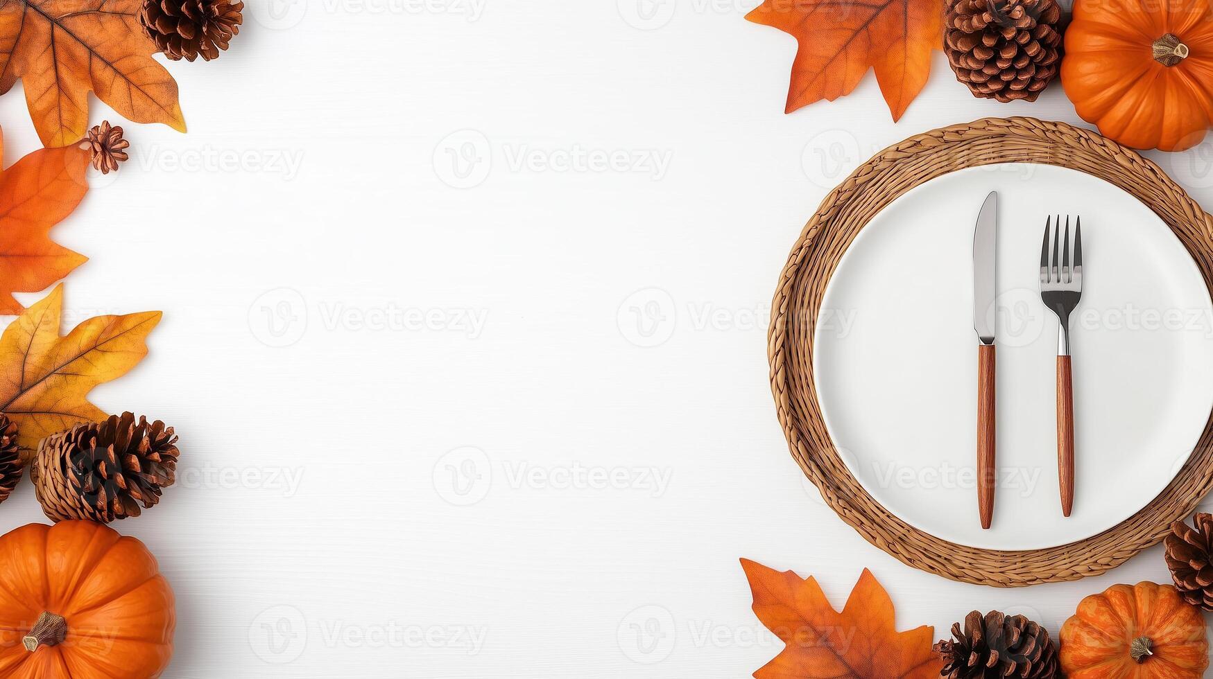 Thanksgiving Day Concept with Autumn Leaves, Pumpkins, Pinecones, and Cutlery on Wicker Plate for Festive Seasonal Design photo