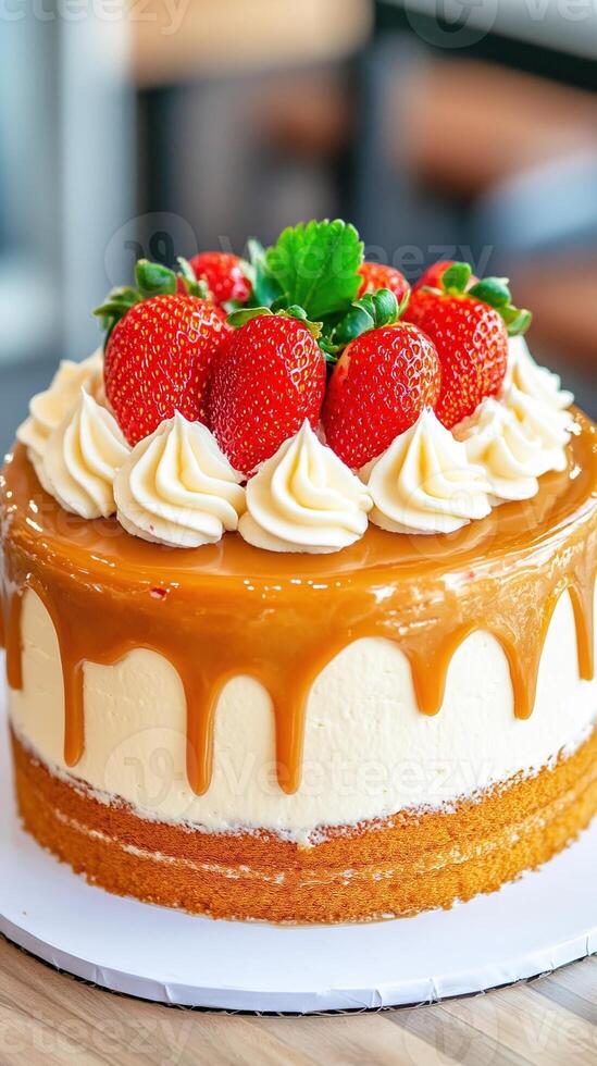 Chef Decorating Caramel Cake with Strawberries and Creamy Frosting Topping for Bakery Display and Culinary Art photo