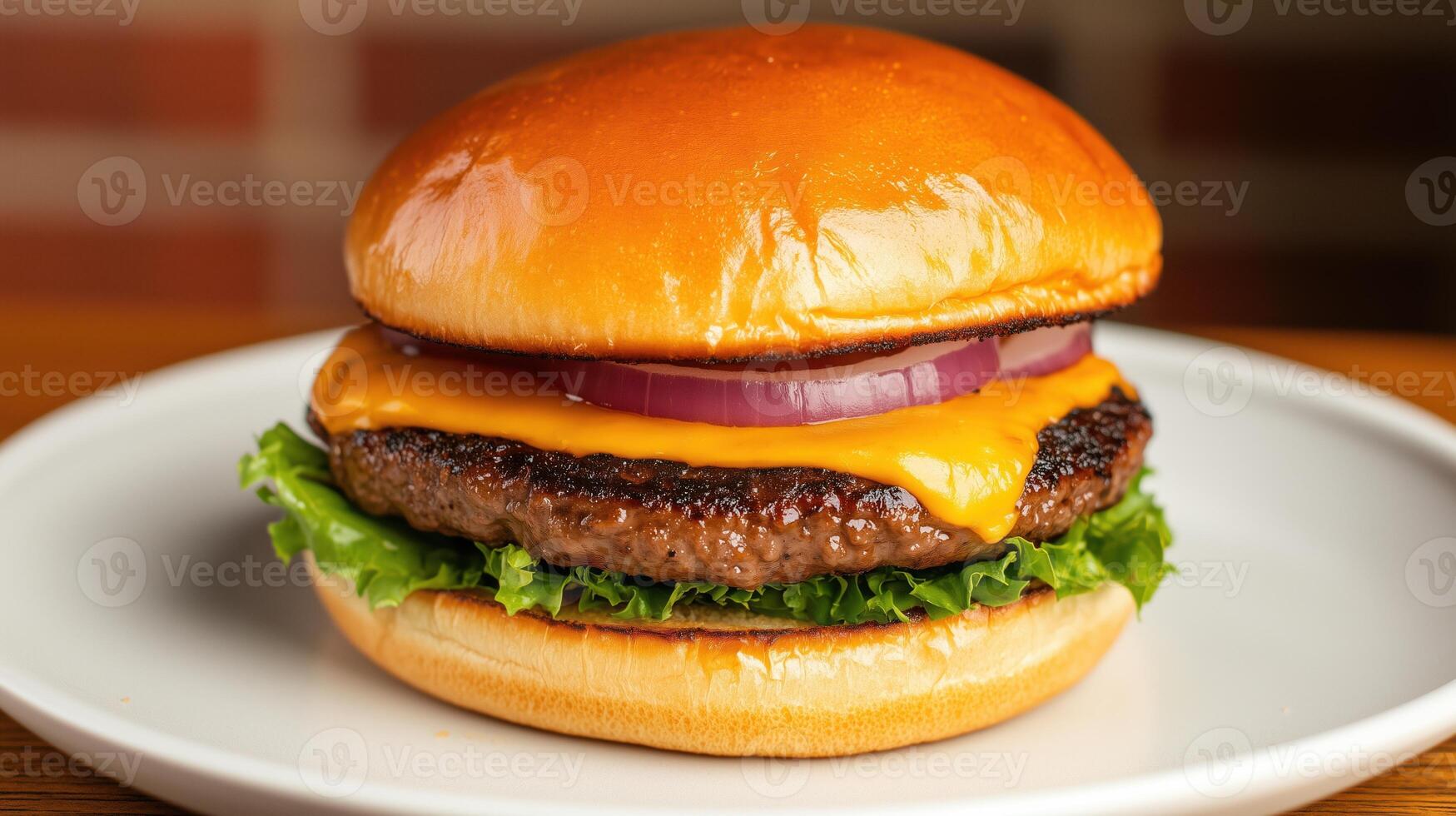 Classic Cheeseburger with Lettuce, Cheese, and Onion on a White Plate Isolated on a Brown Background with a Soft Light Focus photo