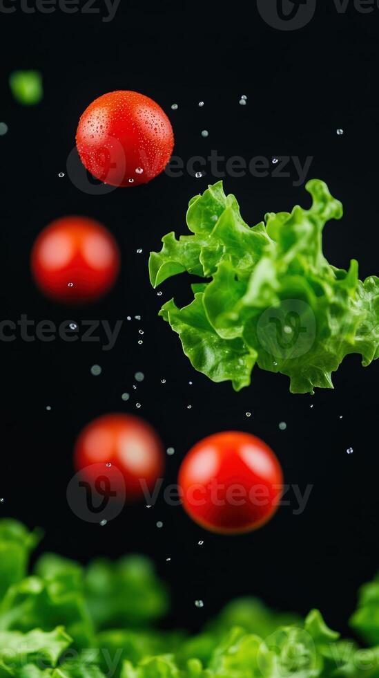 Fresh Green Lettuce and Tomatoes in Super Slow Motion with Probe Lens Highlighting Juicy Vibrant Colors on a Black Background photo