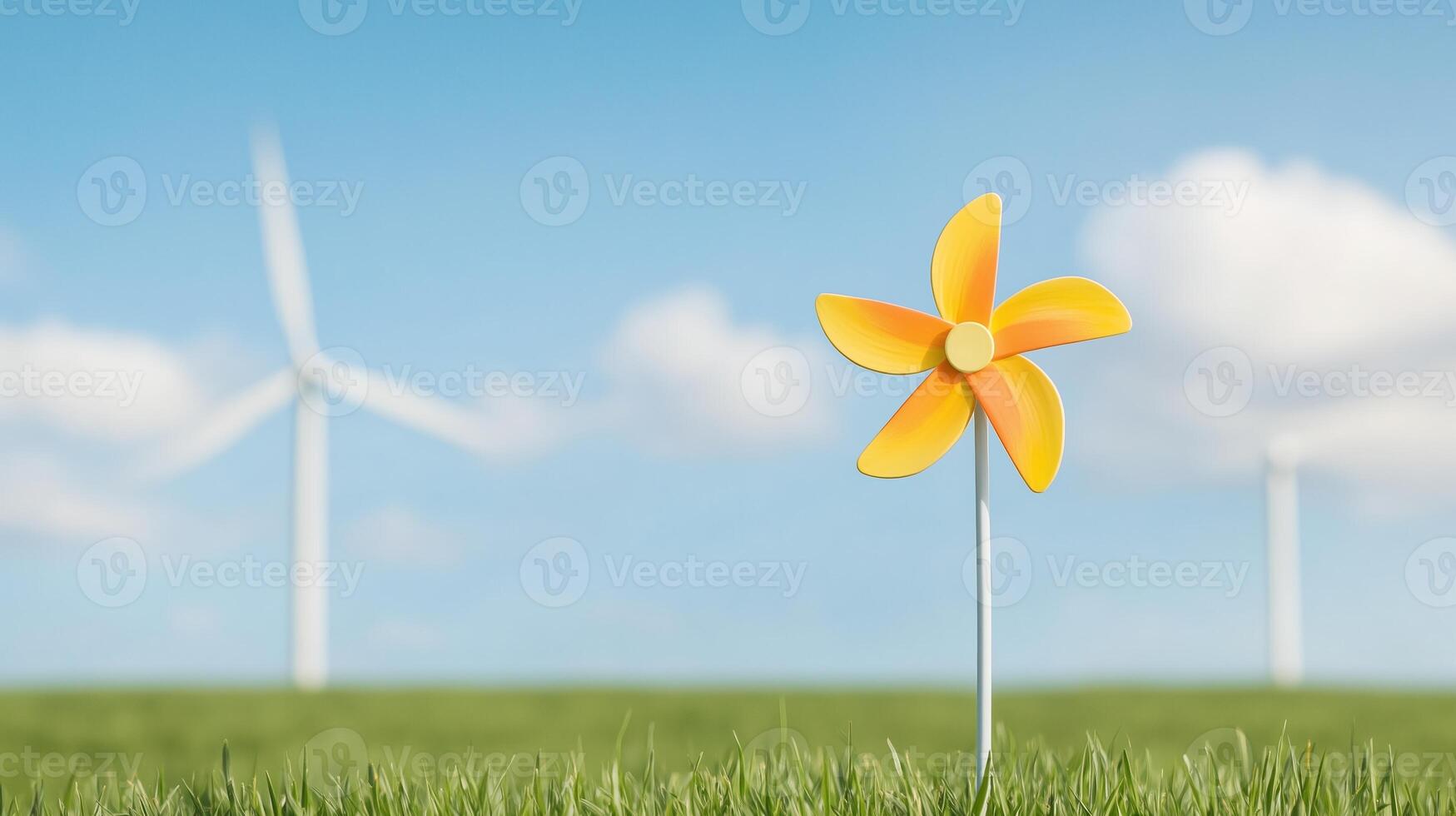 Child Enjoying Nature with Pinwheel and Wind Turbines in Background Representing Sustainable Energy and Green Future photo